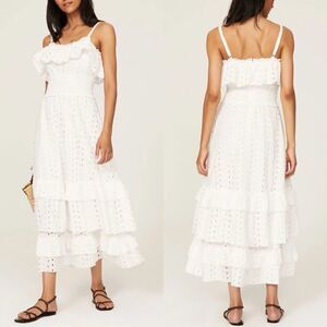 SLATE & WILLOW Ruffle Dress Women Large White Eyelet Midi Tiered 100% Cotton